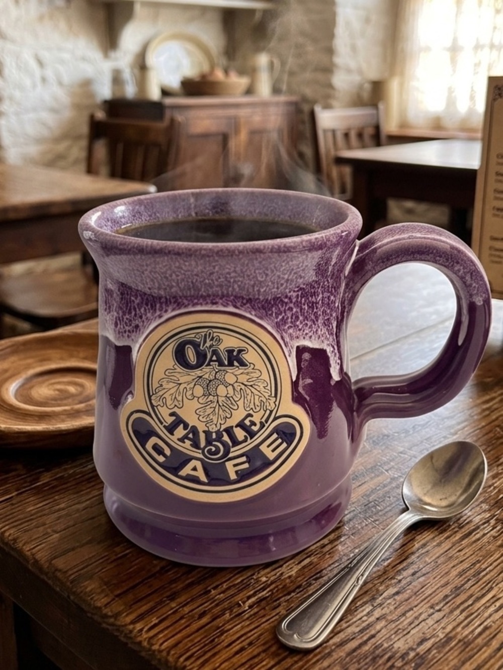 2015 Deneen Signed Oak Table Cafe Restaurant Purple Drip Glazed Pottery Mug Cup